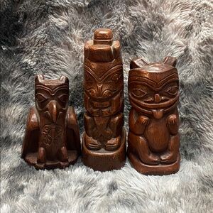 Hand-Carved Dark Brown Wood Totem Trio